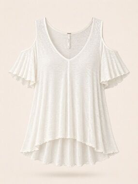 Free People Off White Cold Shoulder Top Boho Flowy Ruffle Sleeve High Low Blouse